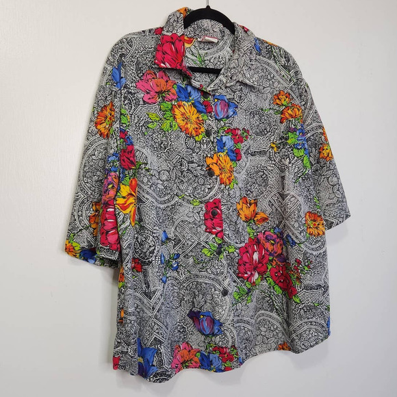 Vintage 80s Floral All Over Abstract Art Button Shirt Jodi Hills - Picture 2 of 5